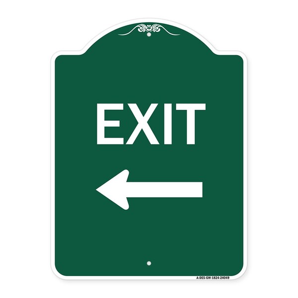 Signmission Designer Series Exit W/ Left Arrow 2, Green & White Aluminum Sign, 18" H, 24" L, GW-1824-24049 A-DES-GW-1824-24049 - main
